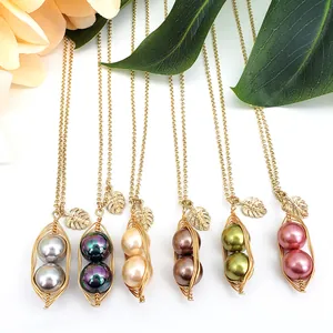 Parure Collier Boucles d'Oreilles Künstliche Perle Coquille Hawaïenne Pendentif Gousse Enveloppé Cuivre Plaqué Or Bijoux Plage Femme