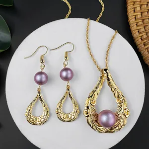 Vintage Hawaii-Stil Legierung Perlenimitat Hohle Tropfen Anhänger Halskette Und Hängende Ohrringe Schmuck Für Damen