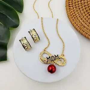 Vintage Gold Plated Alloy Infinity MOM Pendant Necklace And Hollow Floral Stud Earrings Artificial Pearl Jewelry For Mother's Day Gift
