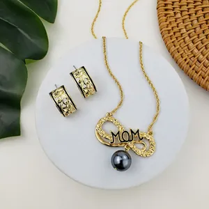 Infinity MOM pearl necklace and engraved floral hoop earrings gift set for women