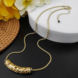 Vintage Hawaiian Hollow Carved Tube Pendant Necklace For Women Gold Silver Plated Alloy Scrolling Floral Vine Jewelry Accessory