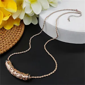 Elegant rose gold hollow curved tube floral pendant necklace with rope chain for women