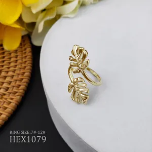 Bague ouverte minimaliste en forme de feuille de monstera dorée pour femme 7-12