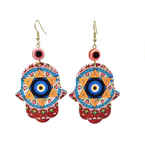 Hamsa Hand and Evil Eye acrylic drop earrings with colorful geometric patterns for women