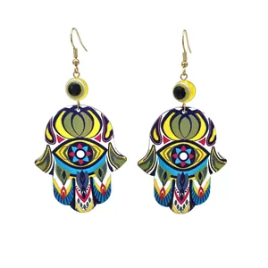 Bohemian Hamsa Hand acrylic drop earrings with colorful patterns and evil eye bead