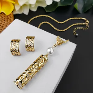 Tropical style golden turtle hollow jewelry set with necklace and pearl drop earrings