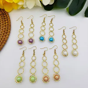 Boho Gehammerte Legierung Geometrische Kreis Ohrhänger Mit Muschelperle Lange Ohrringe Für Damen Modeschmuck
