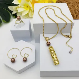 Parure de Bijoux Vintage à Künstliche Perles d'Imitation Hawaïenne Alliage Plaqué Or Collier Pendentif Cylindre Ajouré Boucles d'Oreilles Cœur