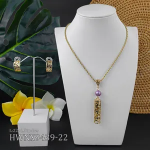 Detailed tropical jewelry set with hollow cylinder charms and 22+2.5 inch rope chain