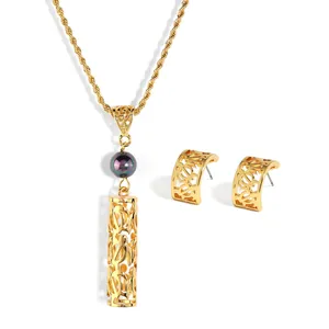 Tropical style golden turtle hollow jewelry set with necklace and shell pearl earrings