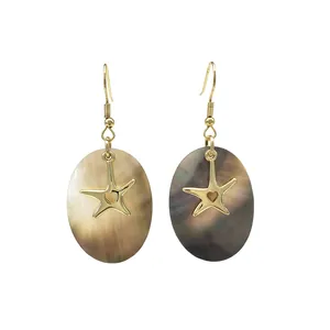 Gold starfish earrings with oval black mother-of-pearl shell pendants in tropical style