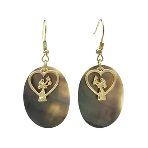 Tropical style oval black shell earrings with heart motif and gold plated ear hooks