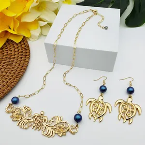 Parure Collier et Boucles d'Oreilles Style Hawaïen Tortue de Mer et Fleur Alliage Plqué Or avec Perle d'Imitation Bijoux Tropicaux Exotiques Bohème pour Femmes