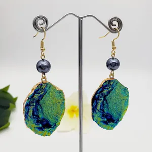 Elegant gold-plated drop earrings with natural colorful crystal druzy slices and pearls