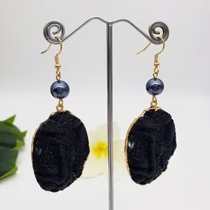 Elegant gold-plated volcano drop earrings with natural black crystal clusters and pearls