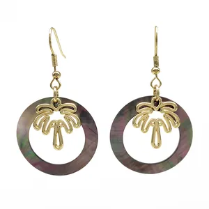 Orecchini Pendenti in Rame e Conchiglia Nera Tropicale Hawaiana per Donna Placcati in Oro Palma Cuore Conchiglia Gioielli Boho