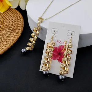 Parure de Bijoux Hawaïens Or Hamilton Spiralé Künstliche Perle de Coquille Collier Boucles d'Oreilles Fleur Sculptée Femme Vacances