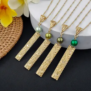 Hawaiian scroll engraved rectangular pendant necklaces with colorful natural pearls