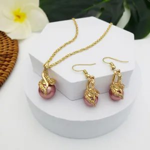 Vintage Legierung Muschel Künstliche Perle Schmuckset Floral Wrap Anhänger Halskette Tropfen Ohrringe Für Damen Eleganter Tropischer Schmuck