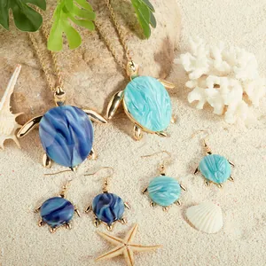 Mode Meeresschildkröte Halskette Ohrringe Harz Marmor Kupfer Gold Vergoldet Damen Strand Urlaub Sommer Schmuck Zubehör
