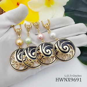 Detail of colorful enamel wave pendants with pearls on gold-plated cross chains