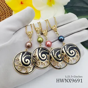 Detail of a wave-pattern enamel pearl pendant necklace with 21.5+2 inch gold chain