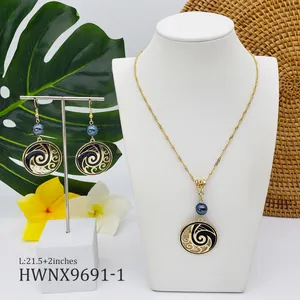 Polynesian ocean wave jewelry set with black enamel drops and dark blue pearls