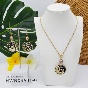 Detailed set of wavy drop oil jewelry with pearls on white display for island vibes