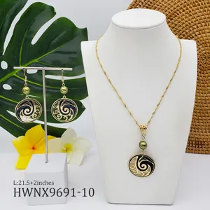 Close-up of tropical necklace set with green pearls and 21.5 inch length measurements