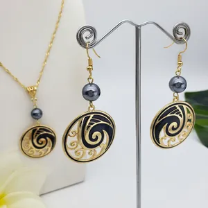 Hawaiian style wave jewelry set with black enamel pendants and dark grey pearls