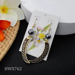 Detail of Samoan pattern earrings with dark pearls on an Aloha display card
