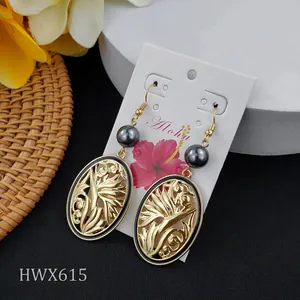 Vintage Samoan pattern gold drop earrings with dark pearl on Aloha display card