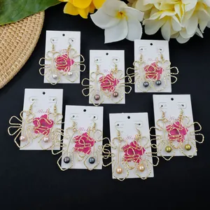 Bohemian Monstera Leaf Drop Earrings For Women Gold Plated Alloy Hollow Flower Earrings With Shell Artificial Pearl Hawaiian Jewelry