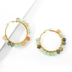 Bohemian gold hoop earrings with colorful natural stones and wire-wrapped beads