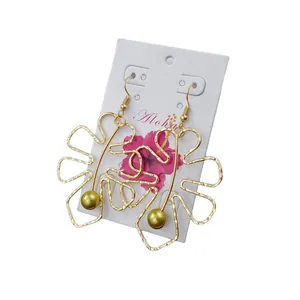 Hollow monstera leaf gold earrings with shell pearl charms on Aloha display card