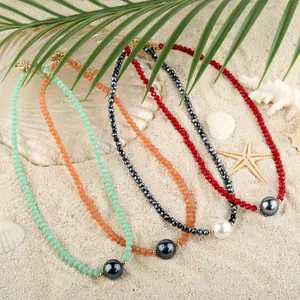 Minimalist colorful beaded necklaces with large pearls and golden lobster clasp