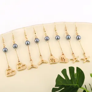 Hawaiian Shell Artificial Pearl Drop Earrings For Women Gold Plated Alloy Hollow Monstera Leaf Palm Tree Starfish Whale Tail Jewelry