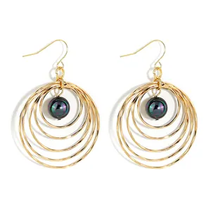Minimalist gold tiered hoop earrings with iridescent black pearl drop for women