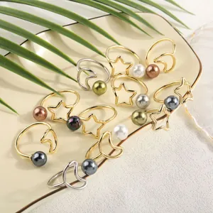 Minimalistische Gold und Silber Stern Mond Ringe Set mit bunten Naturperlen für Damen