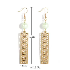 Elegant gold clover long drop earrings with pearl beads and hollow rectangular charms