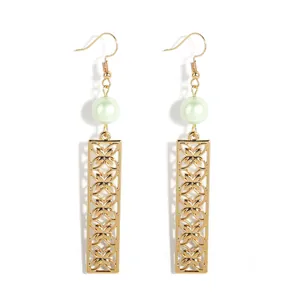 Elegant gold drop earrings with light green pearl and hollow clover floral pendants