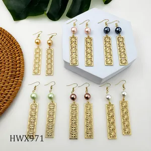 Fashion long hollow clover pendant earrings with pearls in seven assorted colors