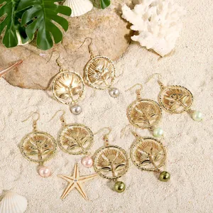 Vintage Gold Legierung Hohle Runde Florale Ohrhänger Mit Bunten Künstliche Perlen Für Damen Strandurlaub Party Schmuck