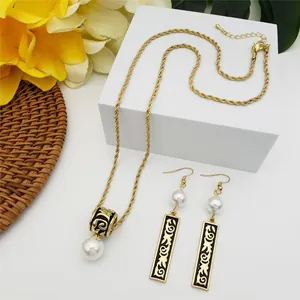 Hawaiian Samoa totem jewelry set with gold twist chain necklace and pearl earrings