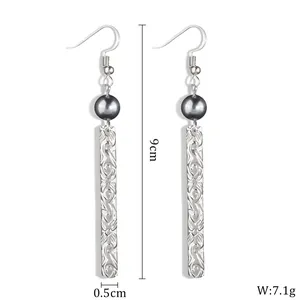 Hawaiian long bar earrings with grey pearl and floral engraving, silver finish, 9cm drop