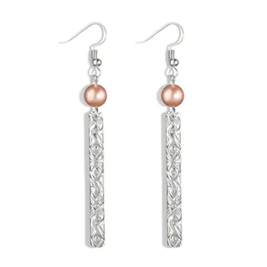 Vintage Hawaiian Style Long Strip Dangle Earrings For Women Platinum Plated Copper Shell Artificial Pearl Embossed Floral Ear Jewelry