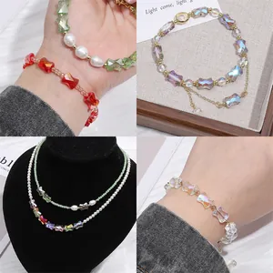 Handmade pearl and colorful glass bead jewelry set with bow accents for DIY necklaces
