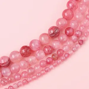 Perle rotonde di cristallo fragola rosa naturale per gioielli DIY in varie misure