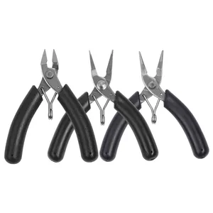 Three-piece stainless steel mini jewelry pliers set with non-slip black rubber handles