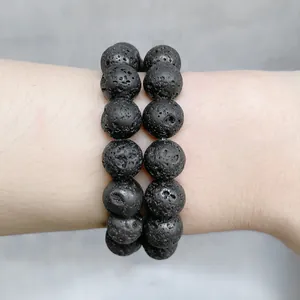 Double-layer black volcanic stone beaded bracelet with porous lava rock texture